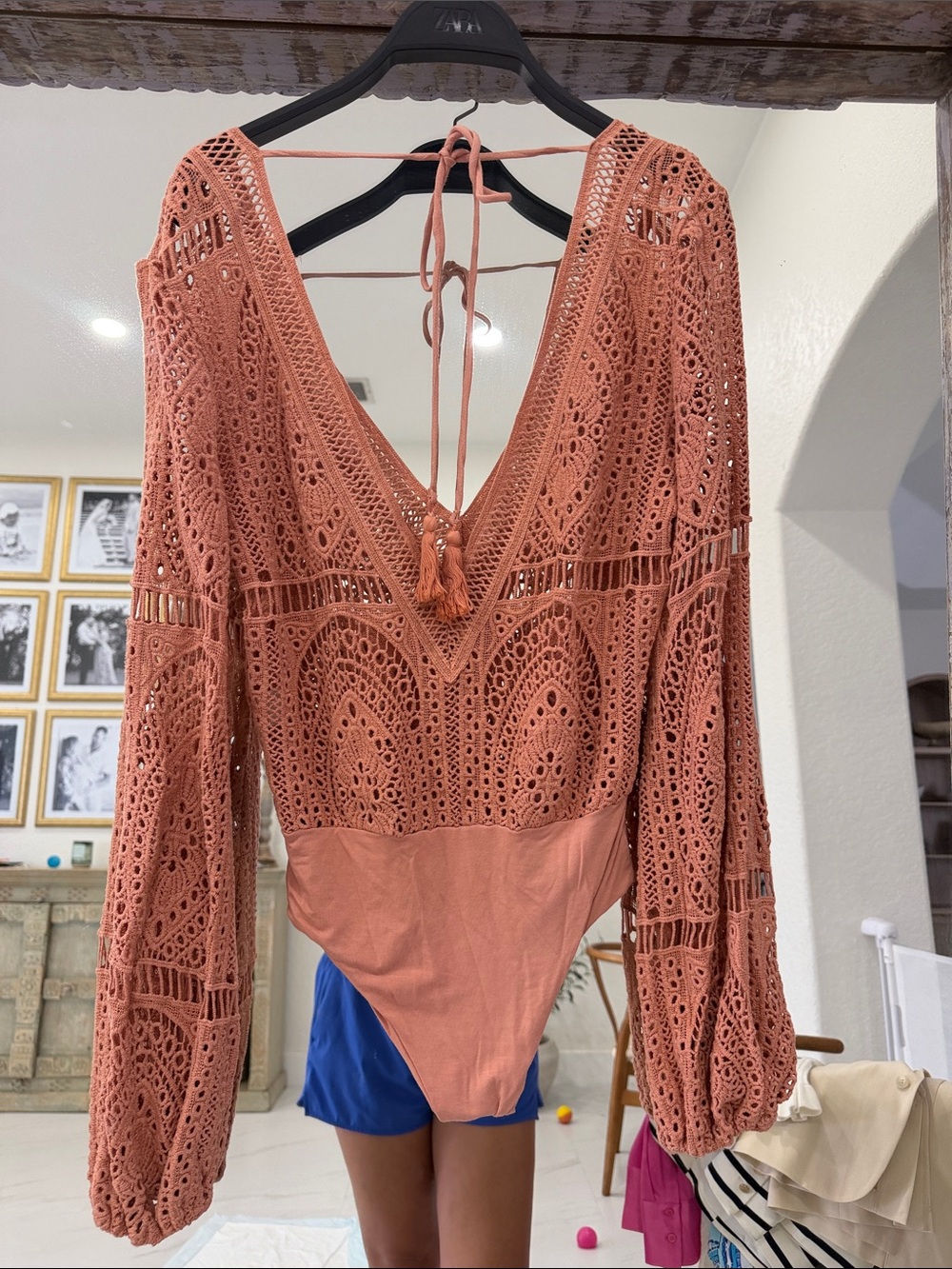 Jen's Pirate Booty Terracotta Crochet V-Neck Long Sleeve Bodysuit - Picture 5 of 6